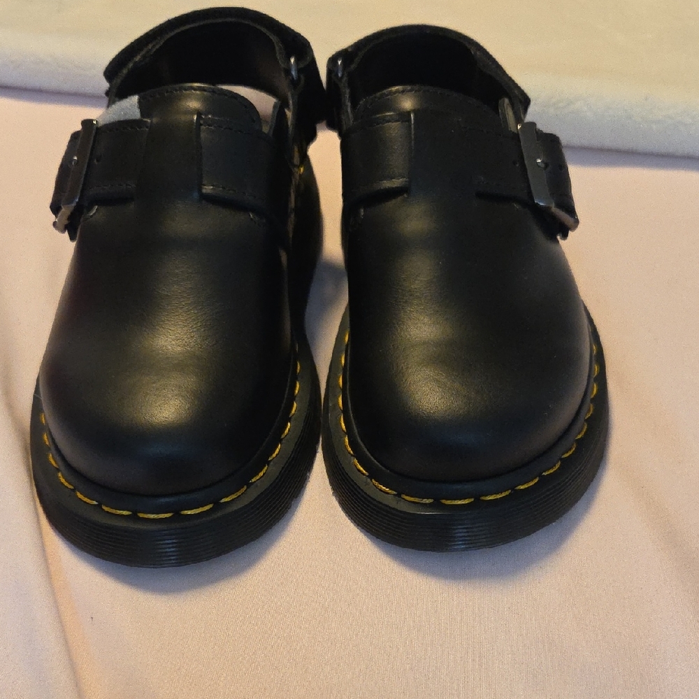 Dr. Martens Black Leather Mary Jane Clogs with Yellow Stitching